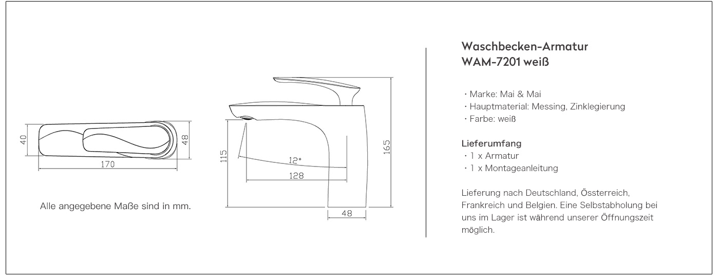 Bad Armatur Weiß Einhebelmischer Wasserhahn Messing verchromt
